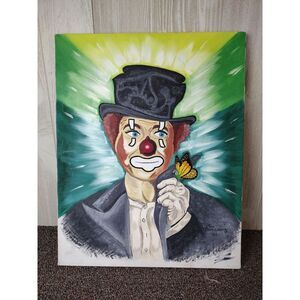 Vintage 1983 Sad Clown Oil Painting On Canvas Signed TOM WILLIAMS Butterfly 80's